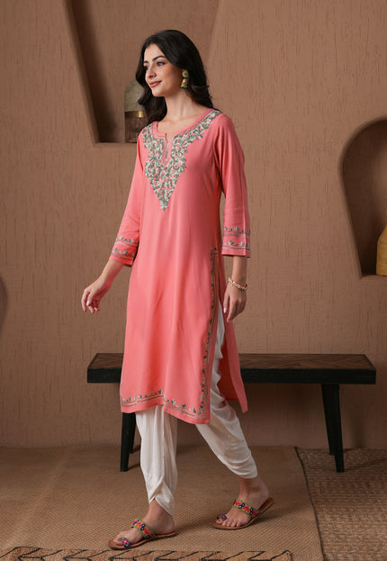 Qazmi Women's Mahsa Kashmiri Aari Work Straight Kurta
