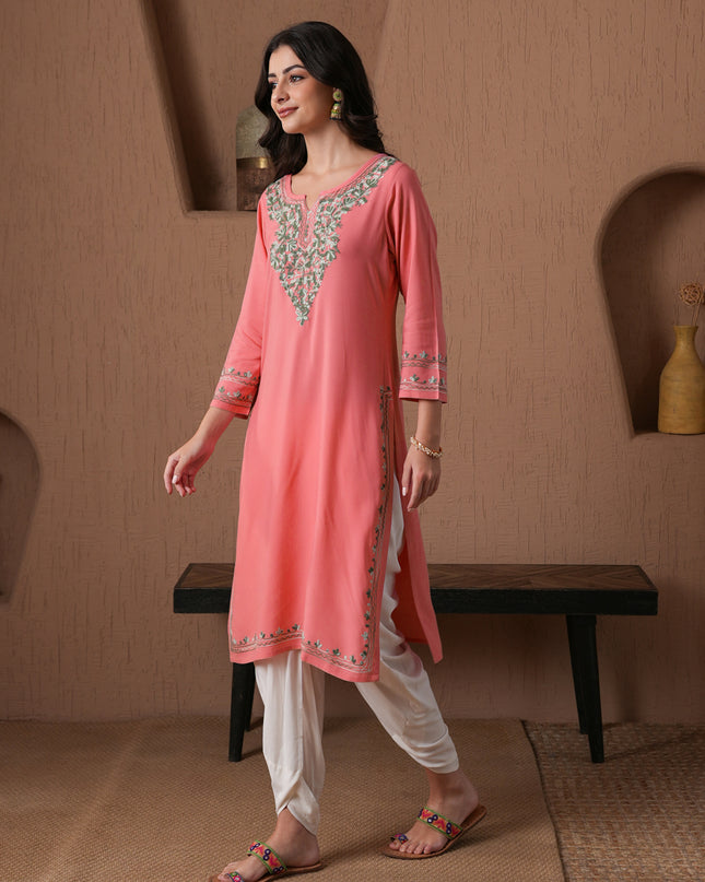 Qazmi Women's Mahsa Kashmiri Aari Work Straight Kurta