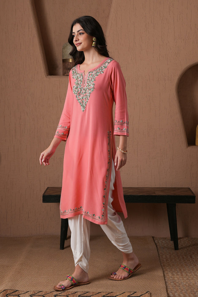 Qazmi Women's Mahsa Kashmiri Aari Work Straight Kurta