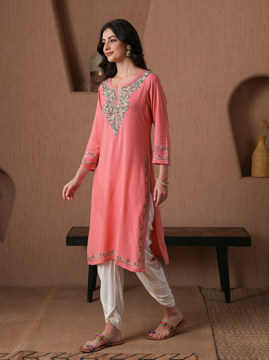 Qazmi Women's Mahsa Kashmiri Aari Work Straight Kurta