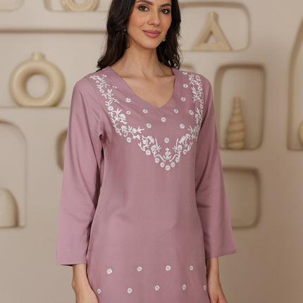 Qazmi Women's Aari Embroidered Viscose Rayon Full Sleeves Straight Kurti