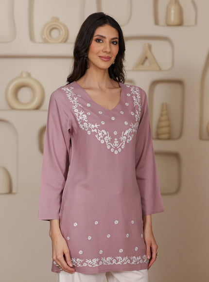 Qazmi Women's Aari Embroidered Viscose Rayon Full Sleeves Straight Kurti