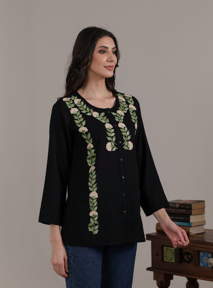 Qazmi Women Aari Embroidered Cotton Linen Buttoned Top