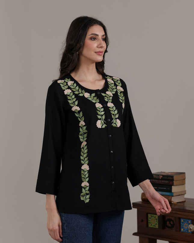 Qazmi Women Aari Embroidered Cotton Linen Buttoned Top
