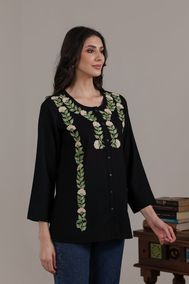 Qazmi Women Aari Embroidered Cotton Linen Buttoned Top
