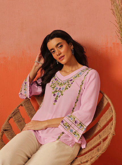 Qazmi Women's Amina Kashmiri Embroidered V-Neck Short Kurti