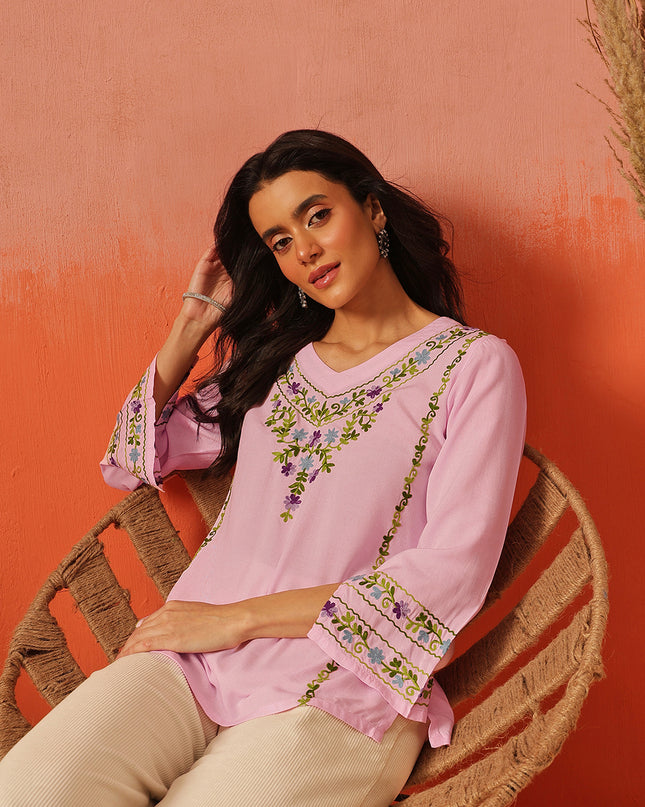 Qazmi Women's Amina Kashmiri Embroidered V-Neck Short Kurti