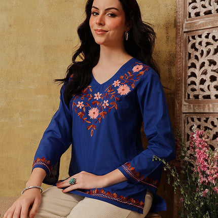 Qazmi Women's Nafisa Kashmiri Aari Work V-Neck Blue Kurti
