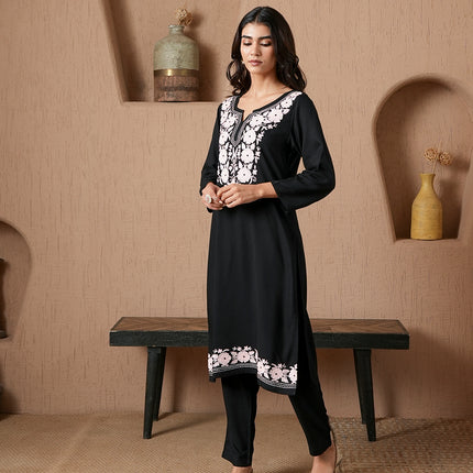 Qazmi Women's Mysa Kashmiri Aari Work Dark Wine Kurta Set