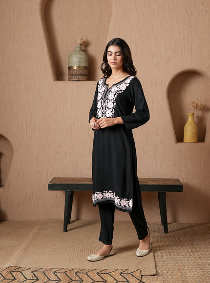Qazmi Women's Mysa Kashmiri Aari Work Dark Wine Kurta Set