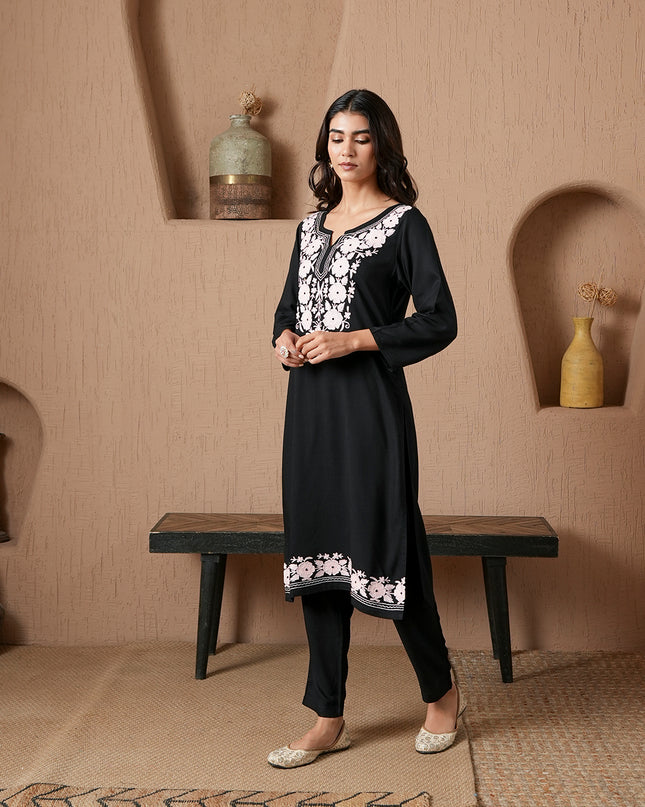 Qazmi Women's Mysa Kashmiri Aari Work Dark Wine Kurta Set