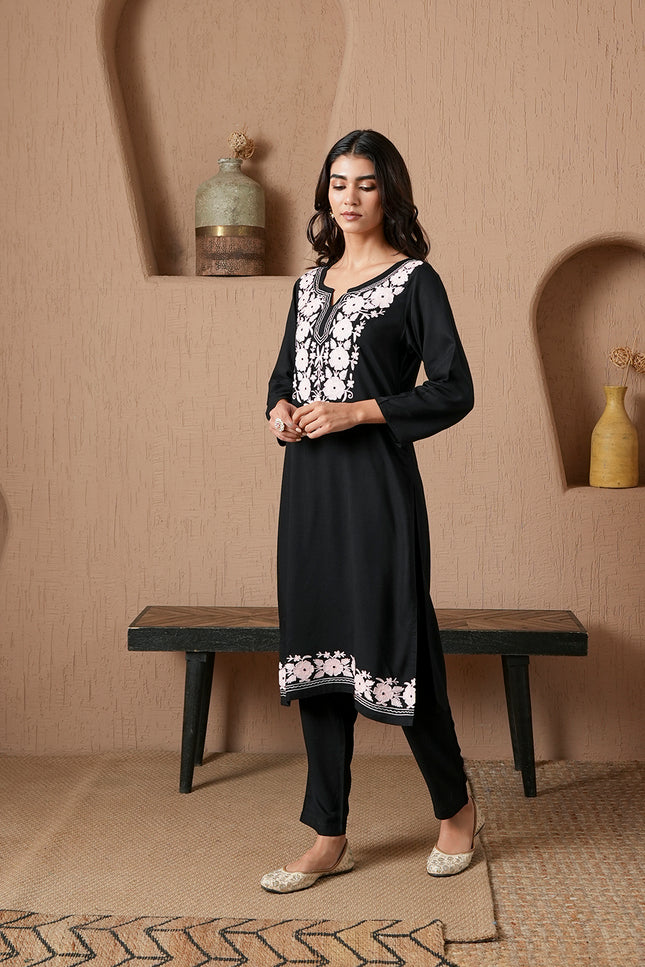 Qazmi Women's Mysa Kashmiri Aari Work Dark Wine Kurta Set