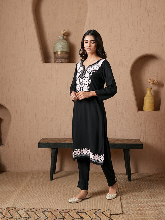 Qazmi Women's Mysa Kashmiri Aari Work Dark Wine Kurta Set