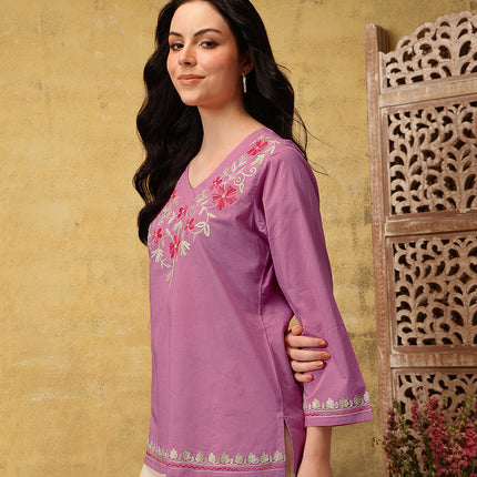 Qazmi Women's Nafisa Kashmiri Aari Work V-Neck Blue Kurti