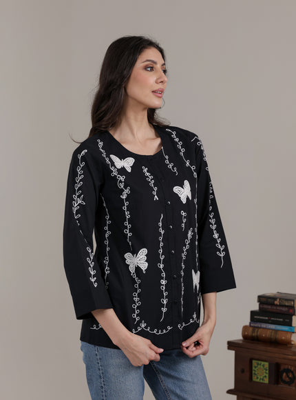 Qazmi Women Aari Embroidered Pure Cotton Buttoned Top