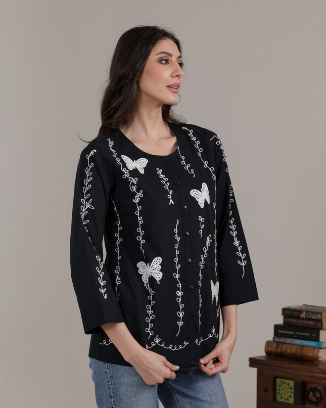 Qazmi Women Aari Embroidered Pure Cotton Buttoned Top