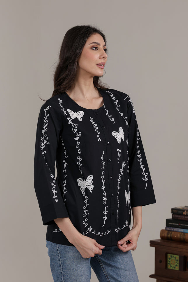 Qazmi Women Aari Embroidered Pure Cotton Buttoned Top