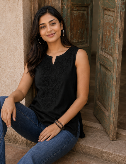 Black Self Sleeveless Aari Short Kurti For Women