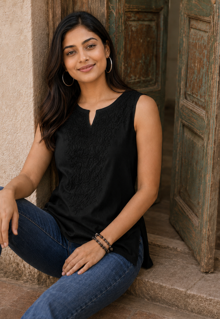 Black Self Sleeveless Aari Short Kurti For Women