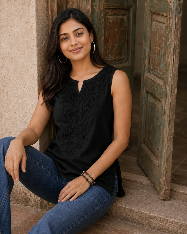 Black Self Sleeveless Aari Short Kurti For Women