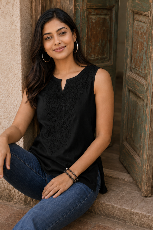 Black Self Sleeveless Aari Short Kurti For Women