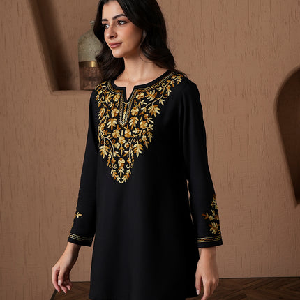 Qazmi Women's Kashmiri A-Line Full Sleeves Viscose Rayon Black Flared Short Kurti