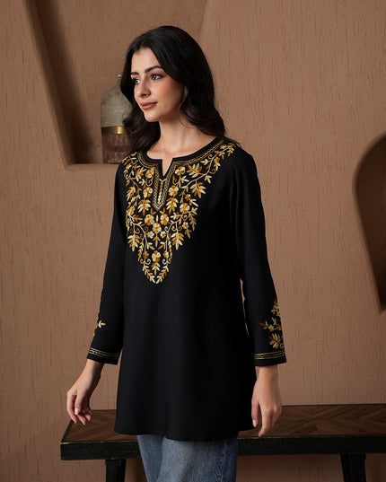 Qazmi Women's Kashmiri A-Line Full Sleeves Viscose Rayon Black Flared Short Kurti