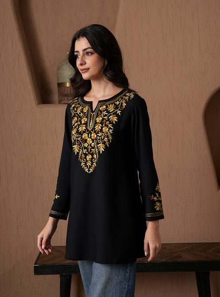 Qazmi Women's Kashmiri A-Line Full Sleeves Viscose Rayon Black Flared Short Kurti