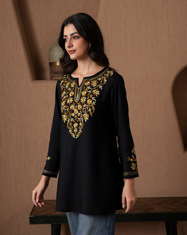 Qazmi Women's Kashmiri A-Line Full Sleeves Viscose Rayon Black Flared Short Kurti