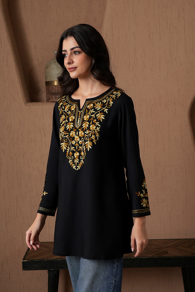 Qazmi Women's Kashmiri A-Line Full Sleeves Viscose Rayon Black Flared Short Kurti