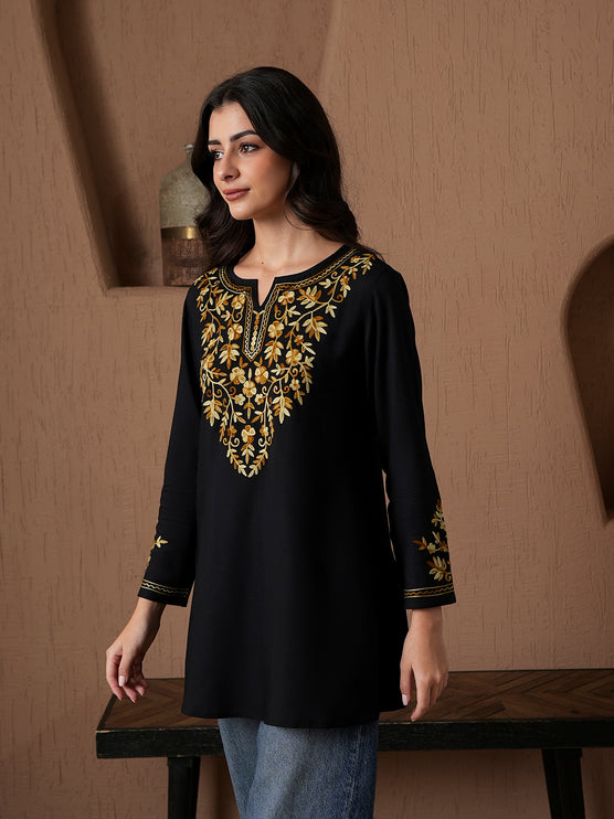 Qazmi Women's Kashmiri A-Line Full Sleeves Viscose Rayon Black Flared Short Kurti