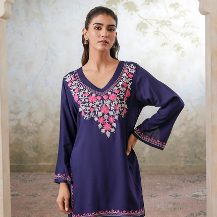 Qazmi Women's Kashmiri Aari Work Navy Blue CoOrd Set