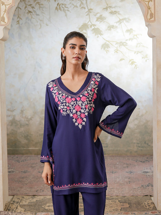 Qazmi Women's Kashmiri Aari Work Navy Blue CoOrd Set