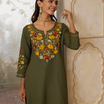 Qazmi Women's Zaynab Kashmiri Aari Work Cotton Linen Olive Green Kurta