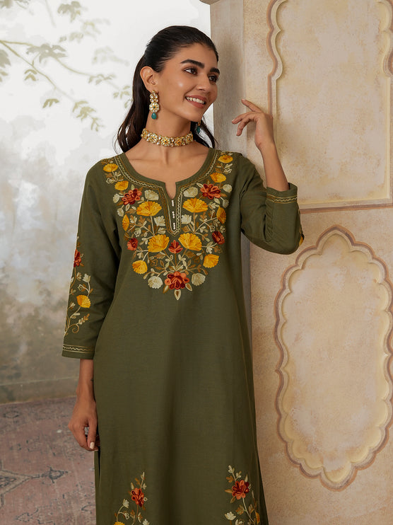 Qazmi Women's Zaynab Kashmiri Aari Work Cotton Linen Olive Green Kurta