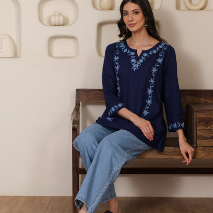 Qazmi Women Kashmiri Aari Embroidered A-Line Viscose Rayon Short Kurti with Full Sleeves
