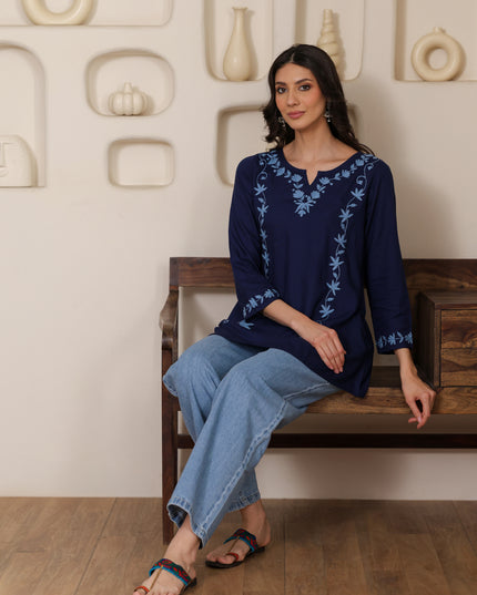 Qazmi Women Kashmiri Aari Embroidered A-Line Viscose Rayon Short Kurti with Full Sleeves