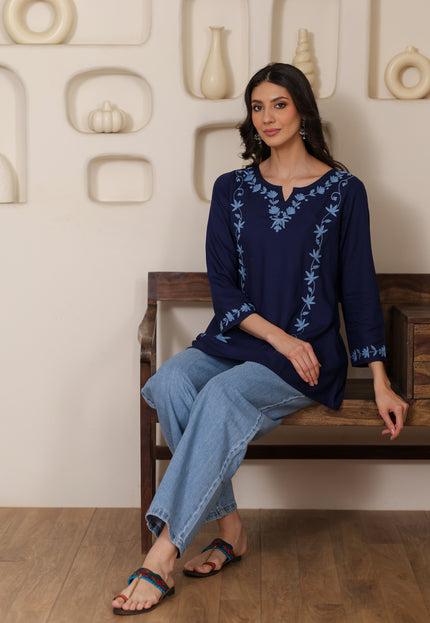 Qazmi Women Kashmiri Aari Embroidered A-Line Viscose Rayon Short Kurti with Full Sleeves