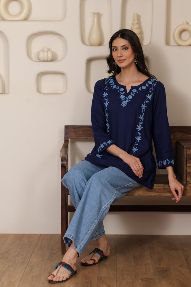 Qazmi Women Kashmiri Aari Embroidered A-Line Viscose Rayon Short Kurti with Full Sleeves