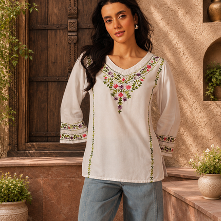 Qazmi Women's Amina Kashmiri Embroidered V-Neck Short Kurti