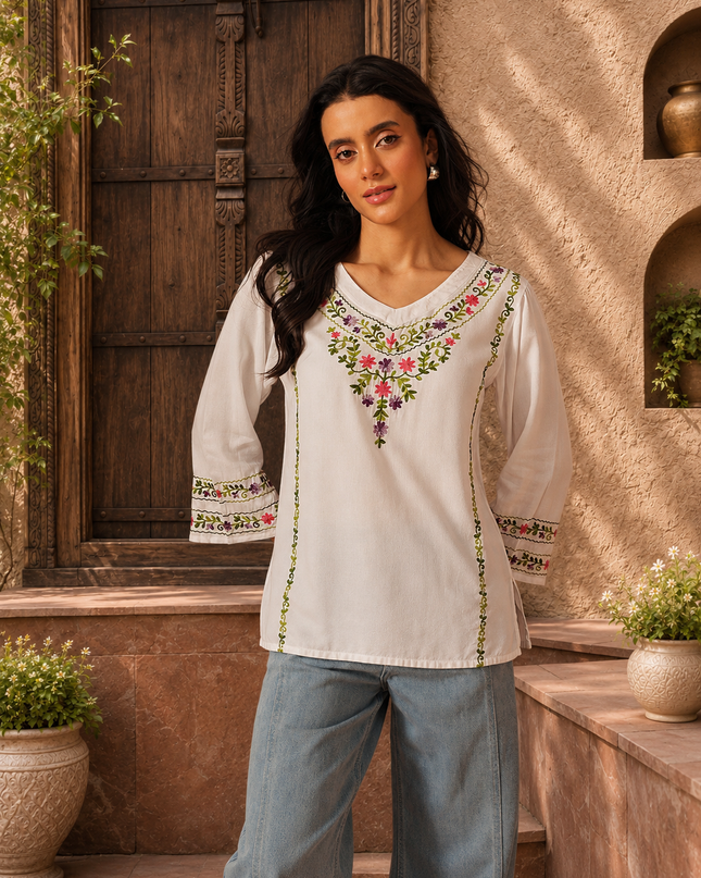 Qazmi Women's Amina Kashmiri Embroidered V-Neck Short Kurti
