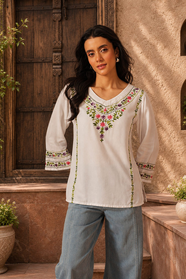 Qazmi Women's Amina Kashmiri Embroidered V-Neck Short Kurti
