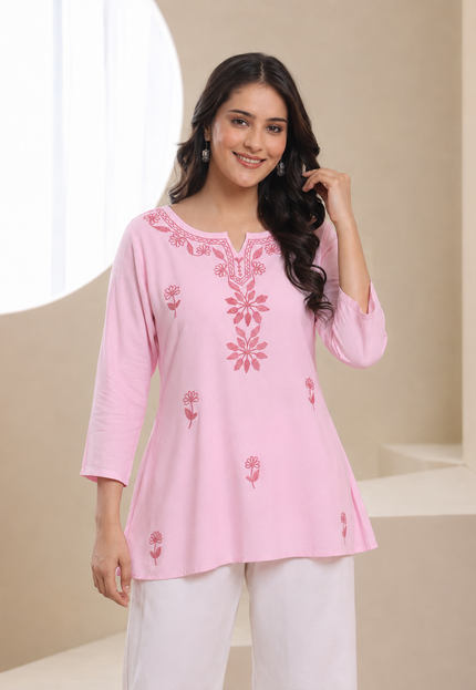 Qazmi Women's Kashmiri Aari Embroidered Viscose Rayon A-Line Flared Kurti