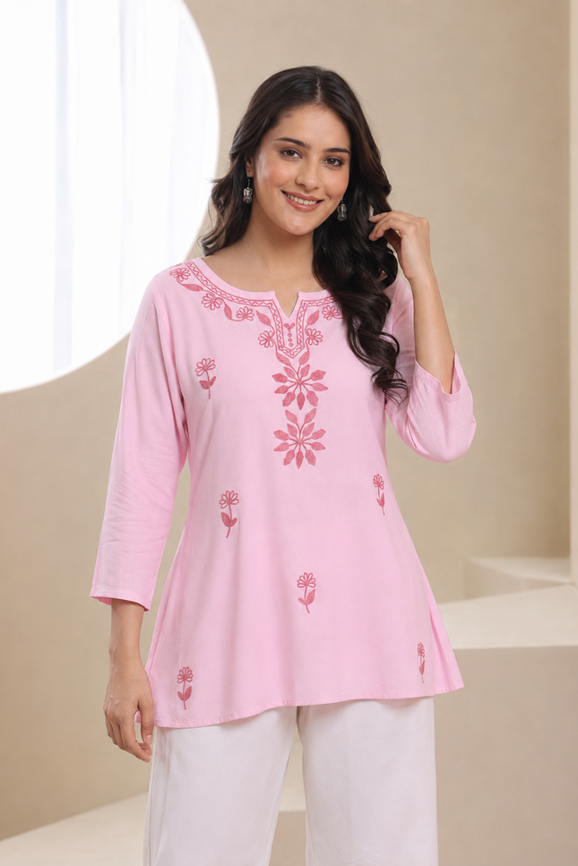 Qazmi Women's Kashmiri Aari Embroidered Viscose Rayon A-Line Flared Kurti