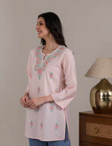 Qazmi Women's Aari Embroidered Pure Cotton Short Kurta