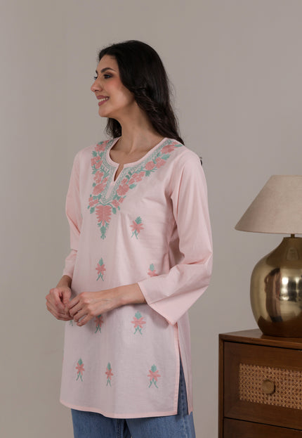 Qazmi Women's Aari Embroidered Pure Cotton Short Kurta