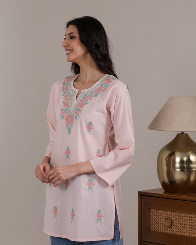 Qazmi Women's Aari Embroidered Pure Cotton Short Kurta