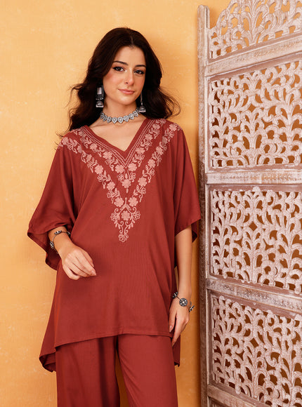 Qazmi Shahira Kashmiri Aari Work Orange Kaftan CoOrd Set