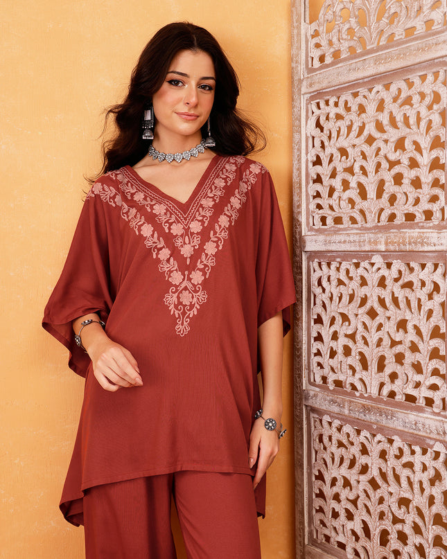 Qazmi Shahira Kashmiri Aari Work Orange Kaftan CoOrd Set