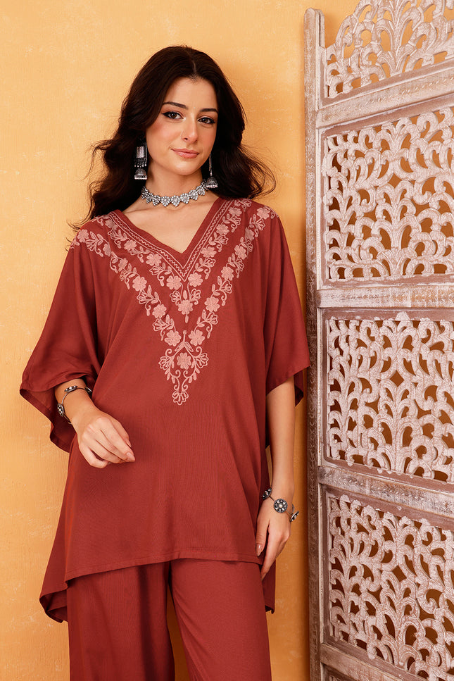 Qazmi Shahira Kashmiri Aari Work Orange Kaftan CoOrd Set